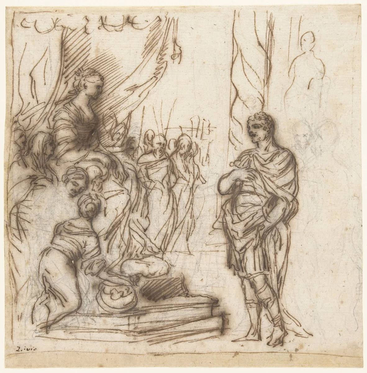 Veldheer voor een koningin op haar troon by Lieven Mehus, drawing, 1660-1669