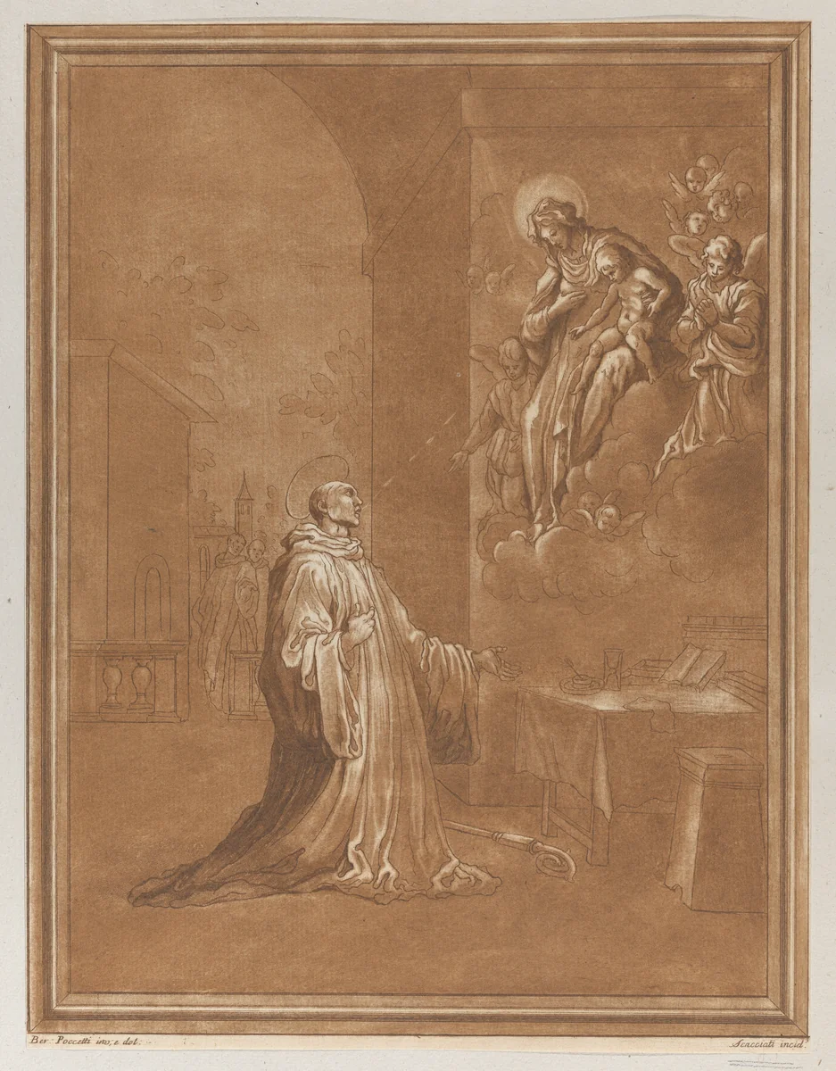 Madonna and child appearing before a kneeling saint, after Bernardino Poccetti by Andrea Scacciati, print, 1761-1771