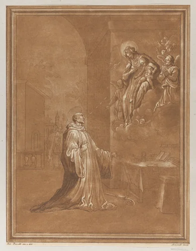 Madonna and child appearing before a kneeling saint, after Bernardino Poccetti by Andrea Scacciati, print, 1761-1771