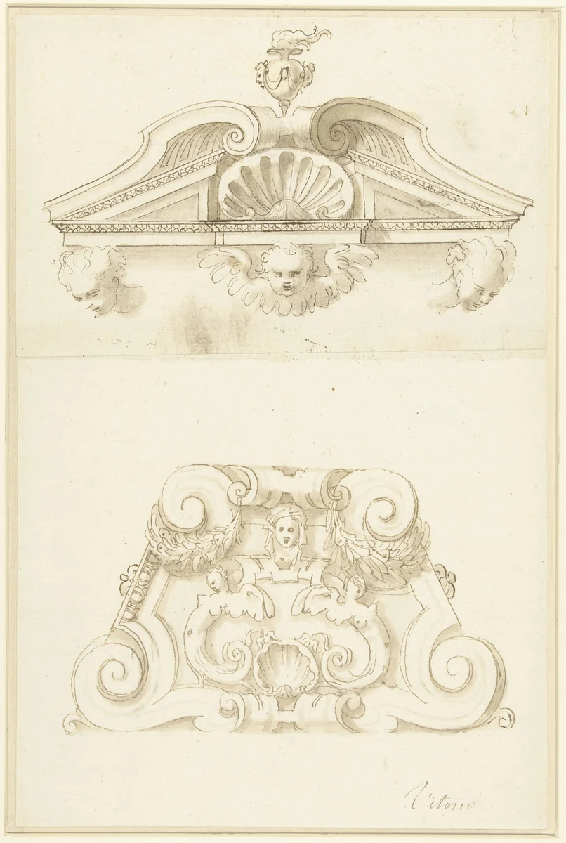 Twee ornamentale schoorsteenontwerpen by Vittorio Maria Bigari, drawing, 1702-1776