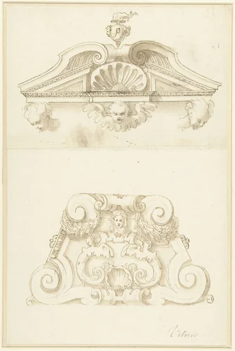Twee ornamentale schoorsteenontwerpen by Vittorio Maria Bigari, drawing, 1702-1776