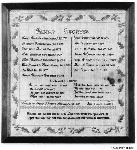 Embroidered sampler by Mary A. Cheever, artwork, 1817