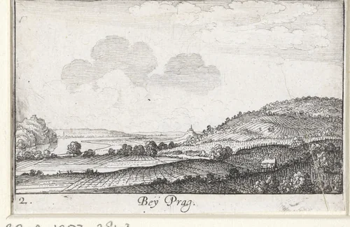 Gezicht op een landschap in de omgeving van Praag by Wenceslaus Hollar, print, 1635