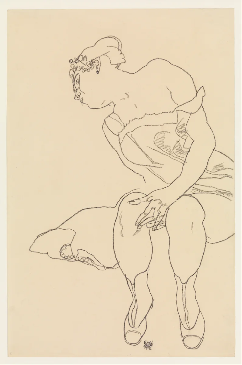 Seated Woman in Corset and Boots by Egon Schiele, drawing, 1918