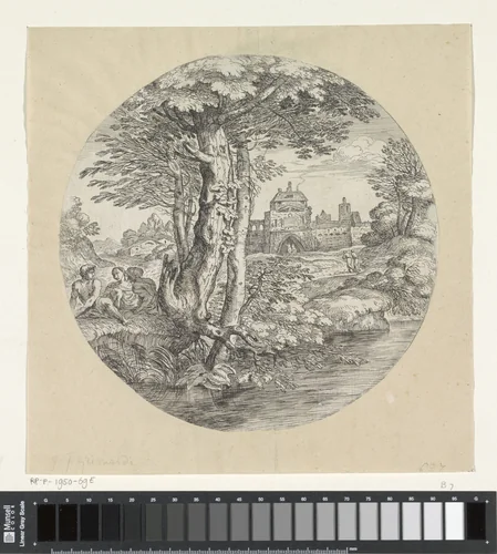 Landschap met twee ruiters die een fort binnengaan by Giovanni Francesco Grimaldi, print, 1616-1680