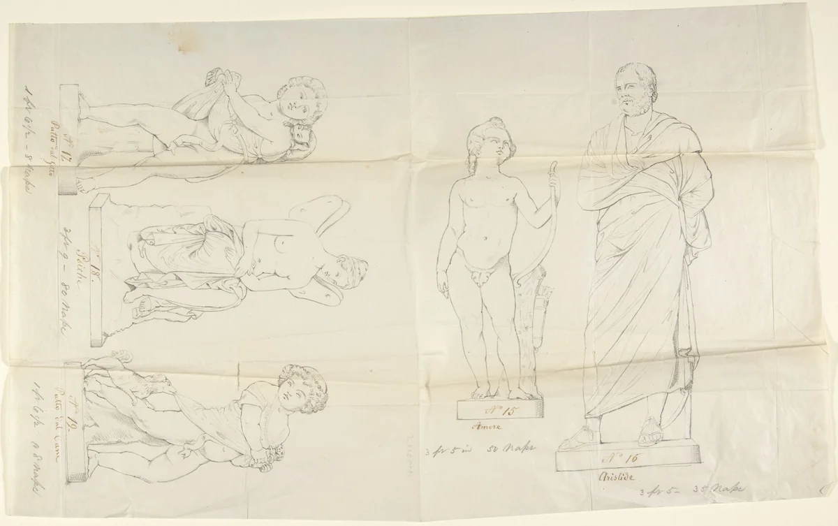 Sketches of five statues: Love, Aristides, Putto with a Cat, Psyche, and Putto with a Dog by John Gibson, drawing, 1845-1855