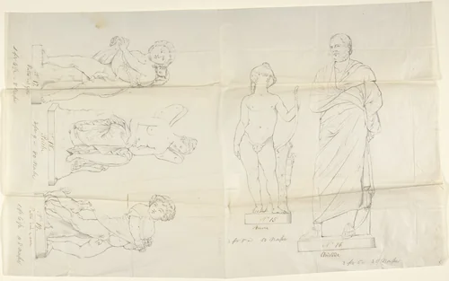 Sketches of five statues: Love, Aristides, Putto with a Cat, Psyche, and Putto with a Dog by John Gibson, drawing, 1845-1855