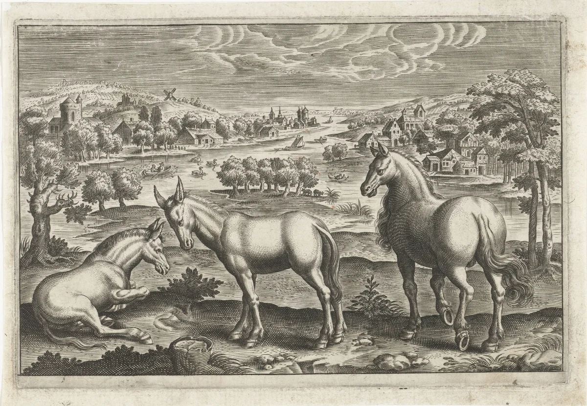 Paard en ezels by anonymous, print, 1595-1652