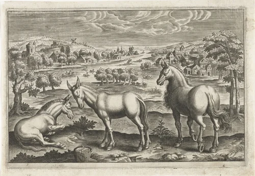 Paard en ezels by anonymous, print, 1595-1652