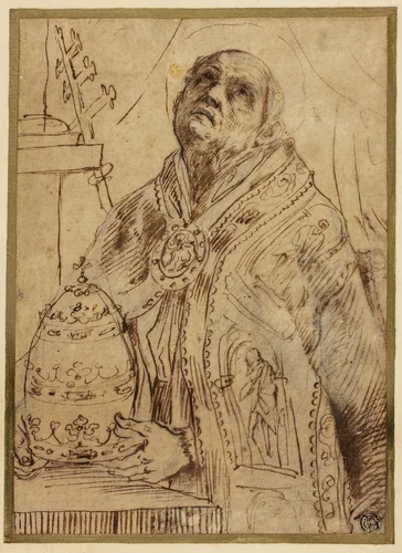 Papal Saint by Giovanni Antonio Burrini, drawing, 1676-1727