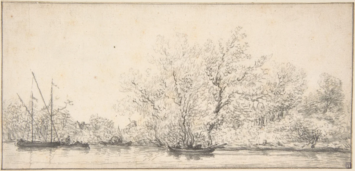 River Scene with Boats before a densely Wooded Bank by Salomon van Ruysdael, drawing, 1610-1670