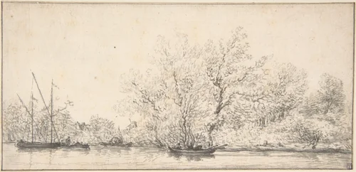 River Scene with Boats before a densely Wooded Bank by Salomon van Ruysdael, drawing, 1610-1670
