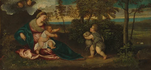 Madonna and Child and the Infant Saint John in a Landscape by Polidoro Lanzani, painting, 1540-1550