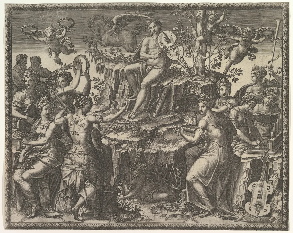 Apollo and the Muses by Giorgio Ghisi, print, 1520-1582
