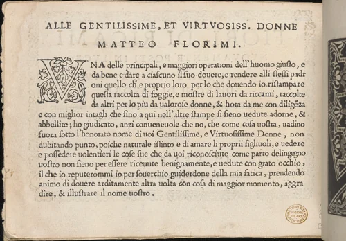 Fiori di Ricami Nuovamente Posti in Luce, title page (verso) by Matteo Florimi, book, 1591