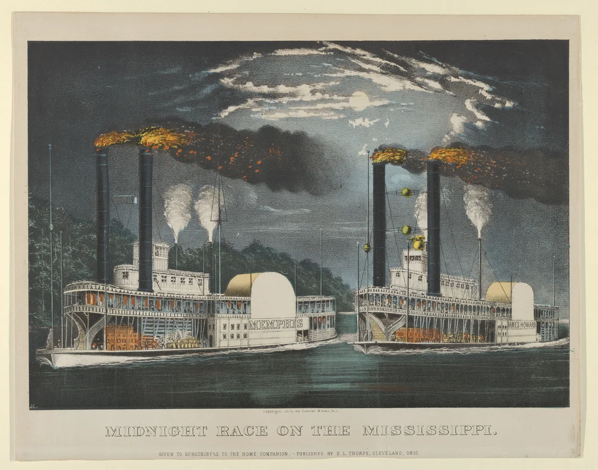 Midnight Race on the Mississippi by Currier & Ives, print, 1875