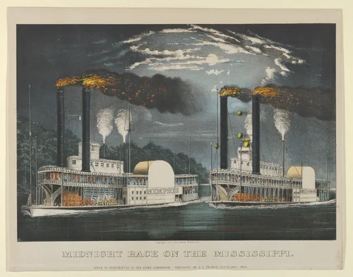 Midnight Race on the Mississippi by Currier & Ives, print, 1875