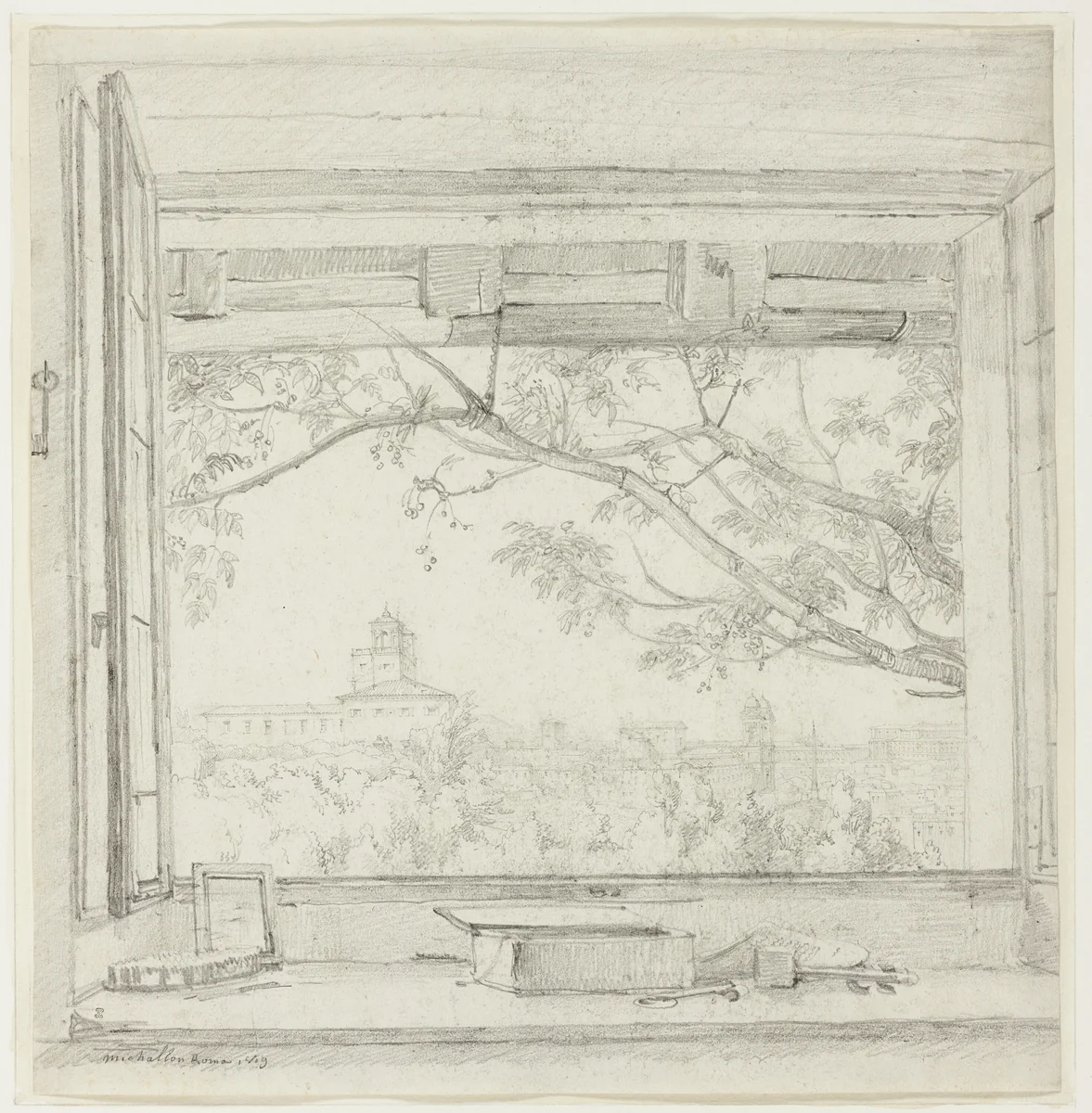 View of the Villa Medici and Sta Trinità dei Monti from Ingres's Studio in the Pavillon San Gaetano, Rome by Achille Etna Michallon, drawing, 1819