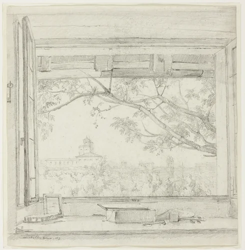 View of the Villa Medici and Sta Trinità dei Monti from Ingres's Studio in the Pavillon San Gaetano, Rome by Achille Etna Michallon, drawing, 1819