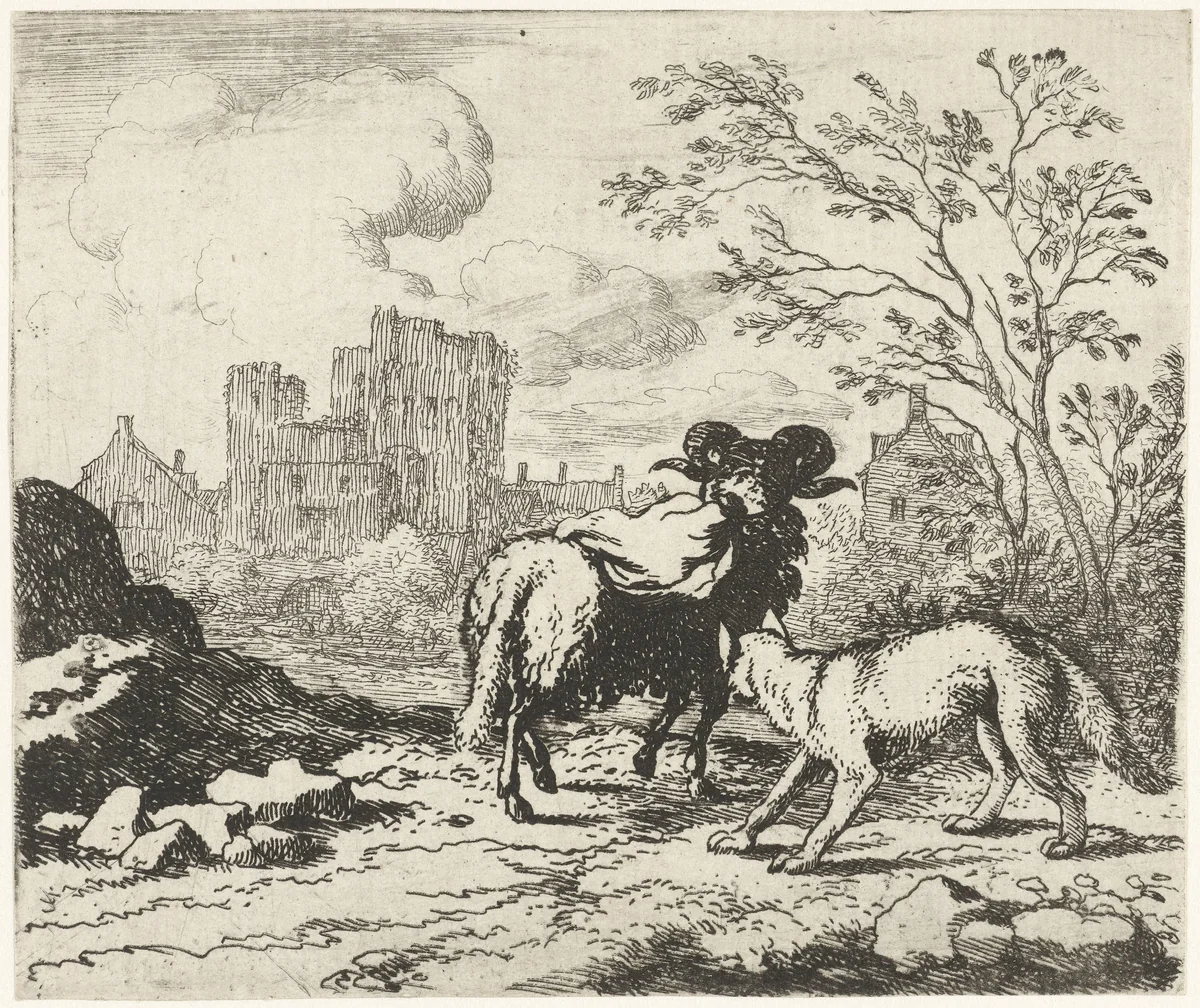 Reinaert laat een pakket naar koning Nobel brengen by Allaert van Everdingen, print, 1665-1675