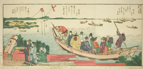 Pages from the illustrated book "Panoramic Views along the Banks of the Sumida River (Ehon Sumidagawa ryogan ichiran)" by Katsushika Hokusai (葛飾 北斎), print, 1801-1806