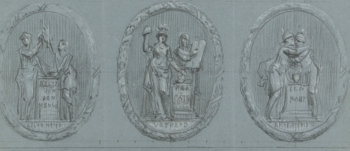 Ontwerpen voor drie medaillons: Vrijheid, Gelijkheid en Broederschap by Jurriaan Andriessen, drawing, 1752-1819