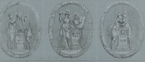 Ontwerpen voor drie medaillons: Vrijheid, Gelijkheid en Broederschap by Jurriaan Andriessen, drawing, 1752-1819