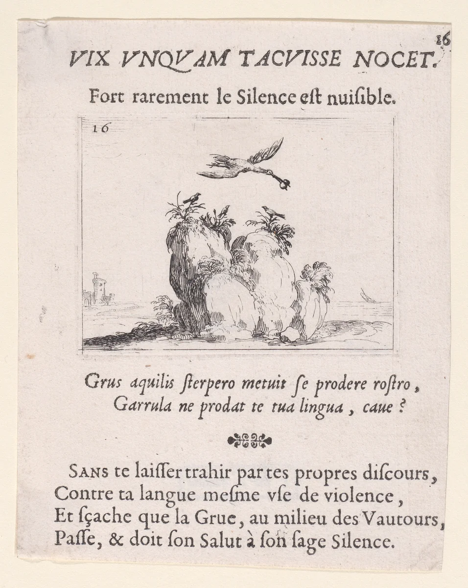 Une Grue Volant (A Flying Crane), plate 16 from "Lux Claustri ou La Lumière du Cloitre" (The Light of the Cloisters) by Jacques Callot, print, 1621-1635