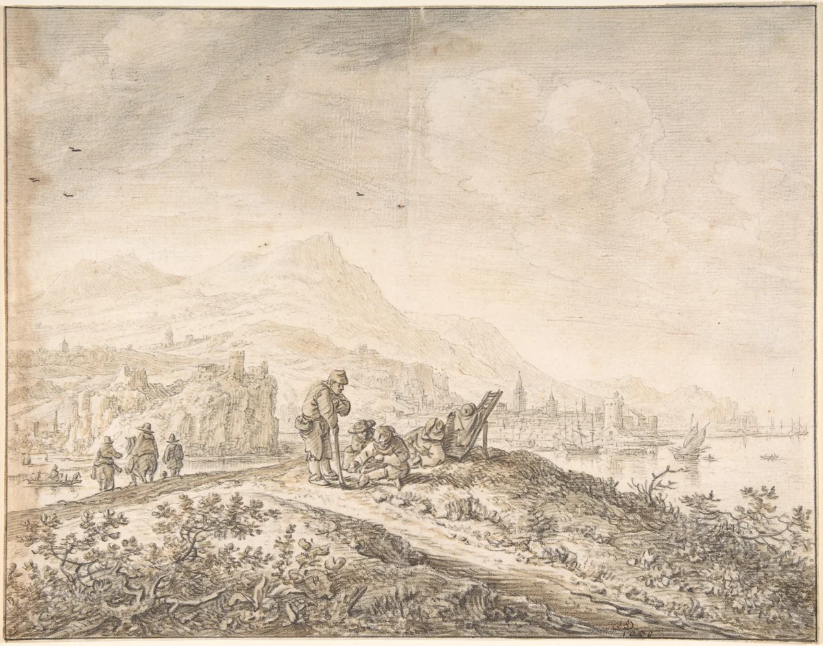 Fantasy Rhine Landscape by Herman Saftleven II, drawing, 1650