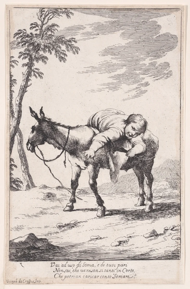 Plate 7: Bertoldino lying on a donkey, from "Bertoldo, Bertoldino, and Cacasenno" by Giuseppe Maria Crespi, print, 1705-1715