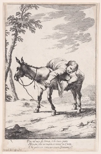 Plate 7: Bertoldino lying on a donkey, from "Bertoldo, Bertoldino, and Cacasenno" by Giuseppe Maria Crespi, print, 1705-1715