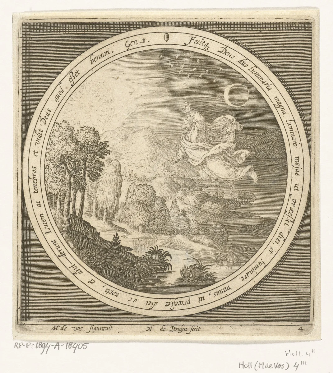 Vierde dag van schepping: God schept de zon, maan en sterren by Unknown, print, 1581-1656