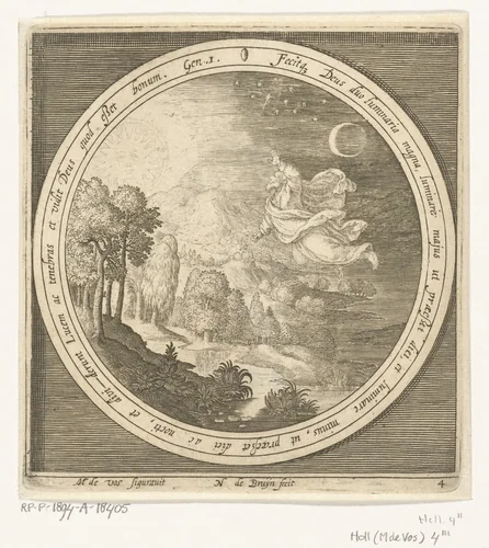 Vierde dag van schepping: God schept de zon, maan en sterren by Unknown, print, 1581-1656