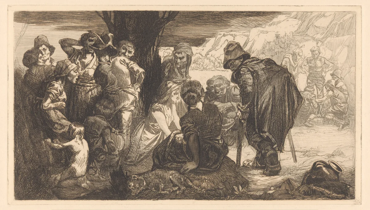 Mannen, vrouwen en kinderen bij een boom by Johannes Josephus Aarts, print, 1881-1934