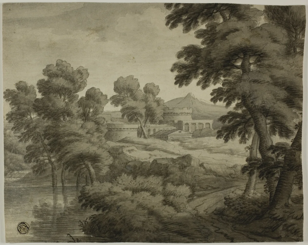 Italianate Landscape with Castle, Trees and Water in Foreground by Nicolas Poussin, drawing, 1614-1700