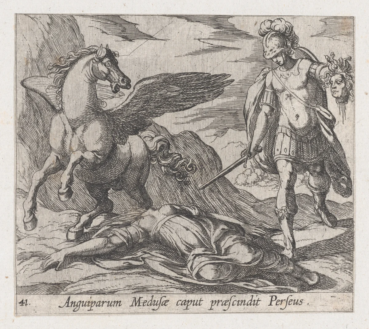 Plate 41: Perseus Killing Medusa (Anguiparum Meduse caput praescundit Perseus), from Ovid's 'Metamorphoses' by Antonio Tempesta, print, 1606