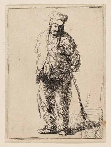 Ragged Peasant with His Hands behind Him, Holding a Stick by Rembrandt van Rijn, print, 1625-1635