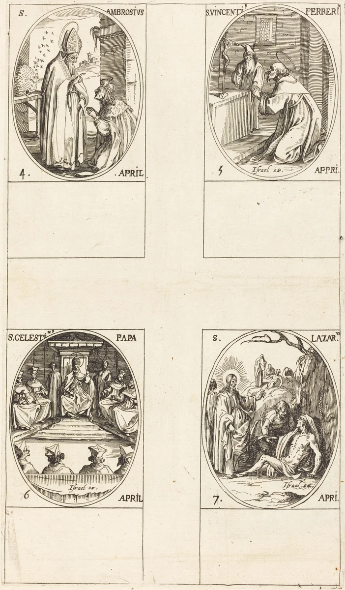 St. Ambrose; St. Vincent Ferrer; St. Celestin; St. Lazarus by Jacques Callot, print, 1627-1637
