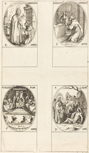 St. Ambrose; St. Vincent Ferrer; St. Celestin; St. Lazarus by Jacques Callot, print, 1627-1637
