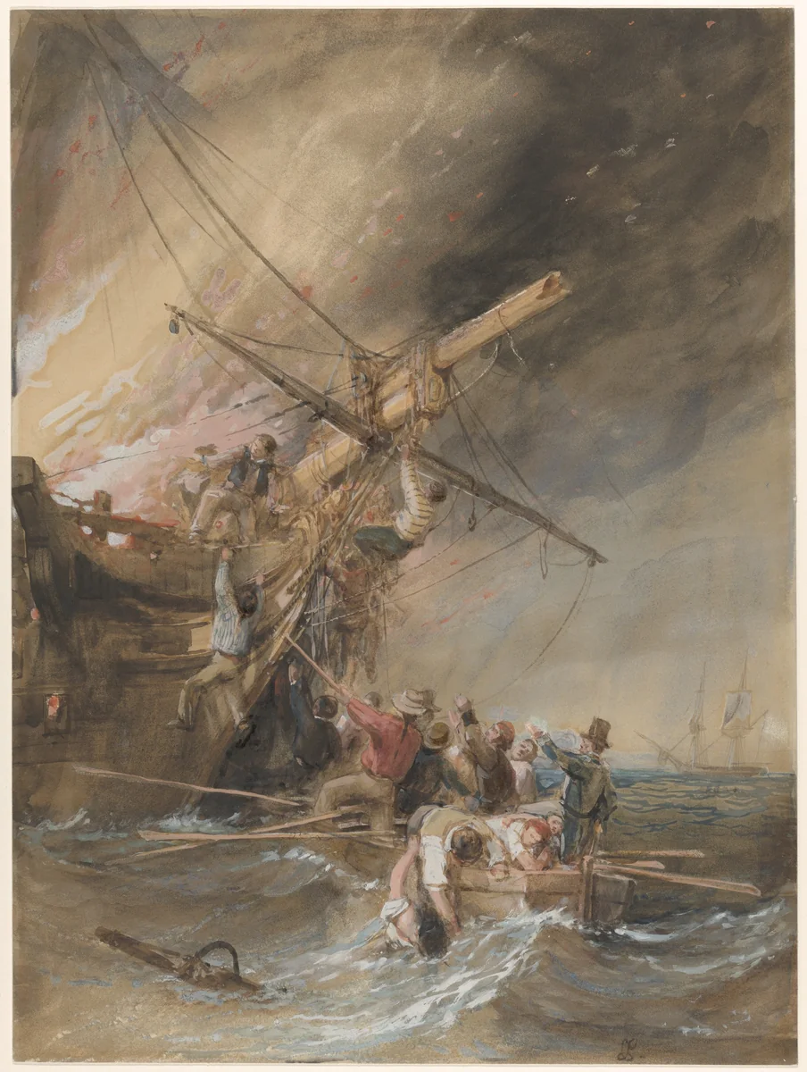 Fire at sea by Clarkson Stanfield, drawing, 1820-1846