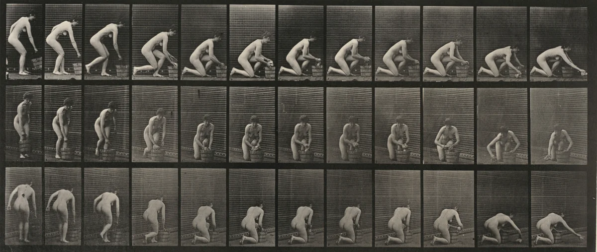 Plate Number 252. Kneeling on right knee and scrubbing the floor by Eadweard Muybridge, photograph, 1887