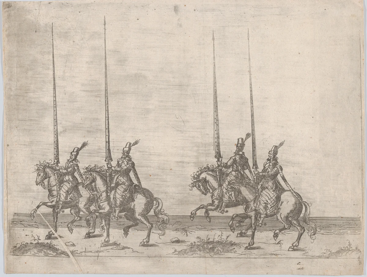 Procession, with four men riding horses by anonymous, print, 1500-1599