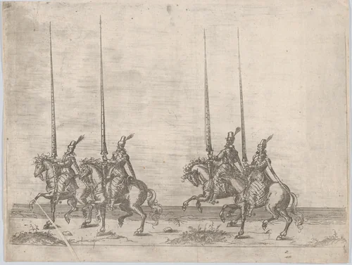 Procession, with four men riding horses by anonymous, print, 1500-1599