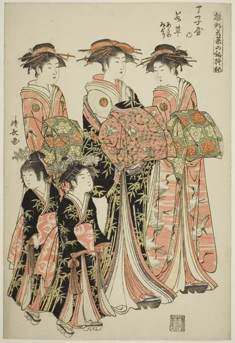 The Courtesan Wakakusa of the Chojiya with Her Attendants Asano and Midori, from the series "Models for Fashion: New Designs as Fresh as Young Leaves (Hinagata wakana no hatsu moyo)" by Torii Kiyonaga (鳥居清長), print, 1783-1784