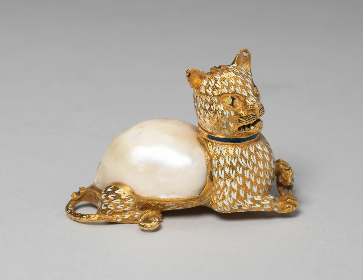 Baroque Pearl Mounted as a Cat Holding a Mouse by Spanish or South German, metalwork, 1600-1700