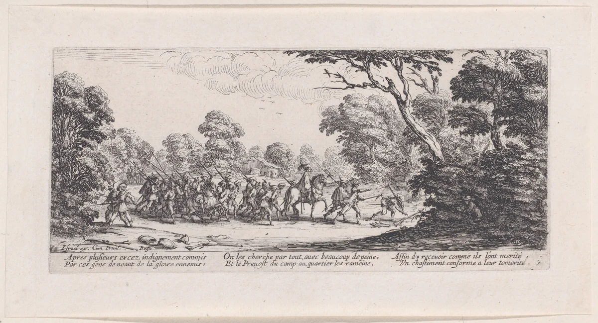 Découverte des Malfaiteurs (The Discovery of the Criminals), plate 9 from "Les Misères et les Mal-Heures de la Guerre" (The Miseries and Misfortunes of War) by Jacques Callot, print, 1633