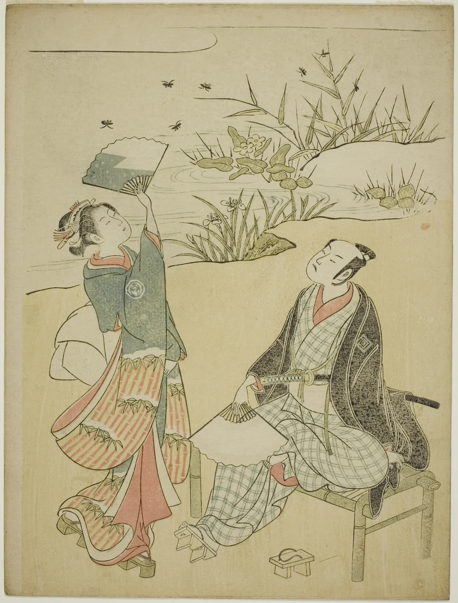 Two Actors Catching Fireflies by Torii Kiyomitsu I, print, 1760-1775