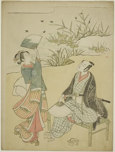 Two Actors Catching Fireflies by Torii Kiyomitsu I, print, 1760-1775