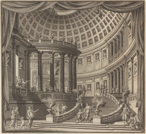 Design for a Stage Curtain: The Interior of an Elaborate Temple Dedicated to Illustrious Men by Ennemond Alexandre Petitot, drawing, 1727-1801
