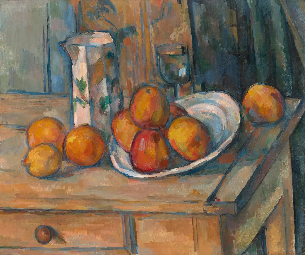 Still Life with Milk Jug and Fruit by Paul Cezanne, painting, 1900